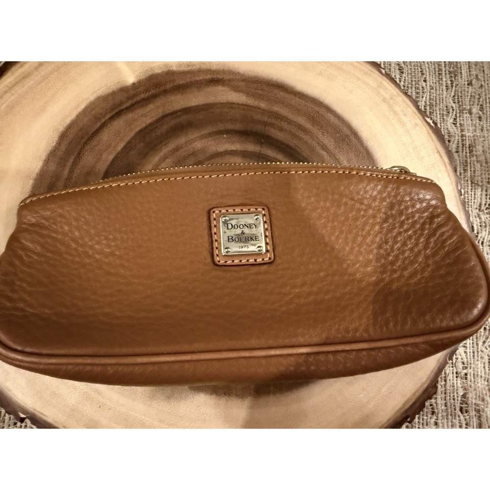 VTG Dooney Bourke British Tan Leather Pencil Case Barrel Cosmetic Bag Rare